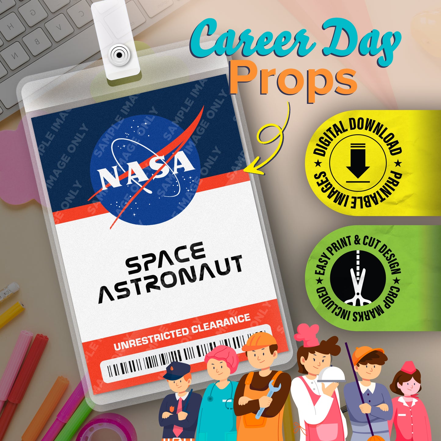 Astronaut ID Badge — Printable Career-Day Prop (Instant Digital PDF · 2.375″ × 3.375″)