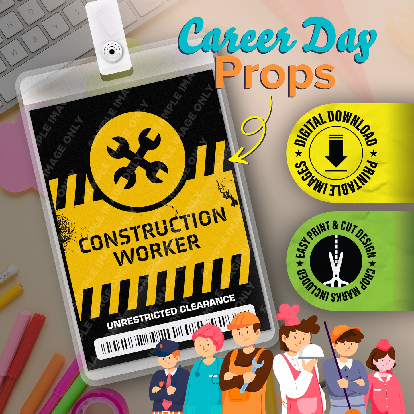 Construction Worker ID Badge — Printable Career-Day Prop (Instant Digital PDF · 2.375″ × 3.375″)