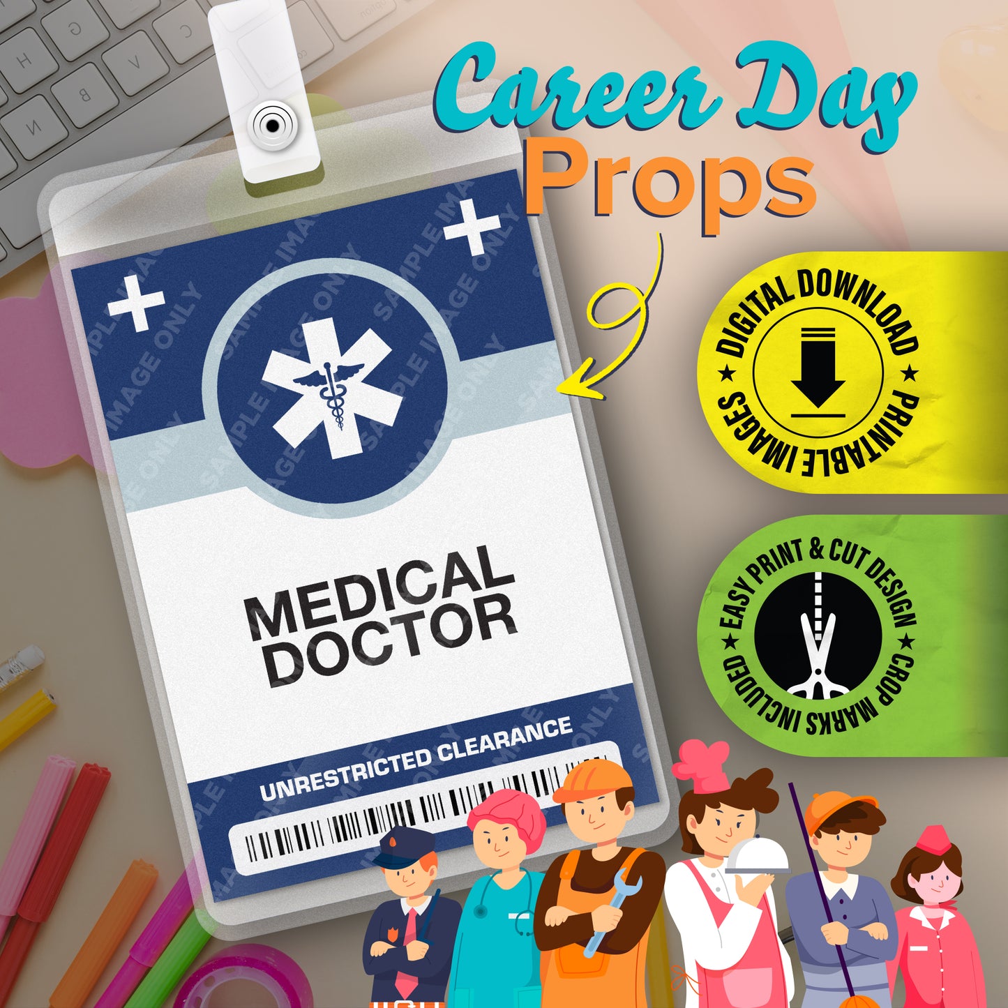 Medical Doctor ID Badge — Printable Career-Day Prop (Instant Digital PDF · 2.375″ × 3.375″)