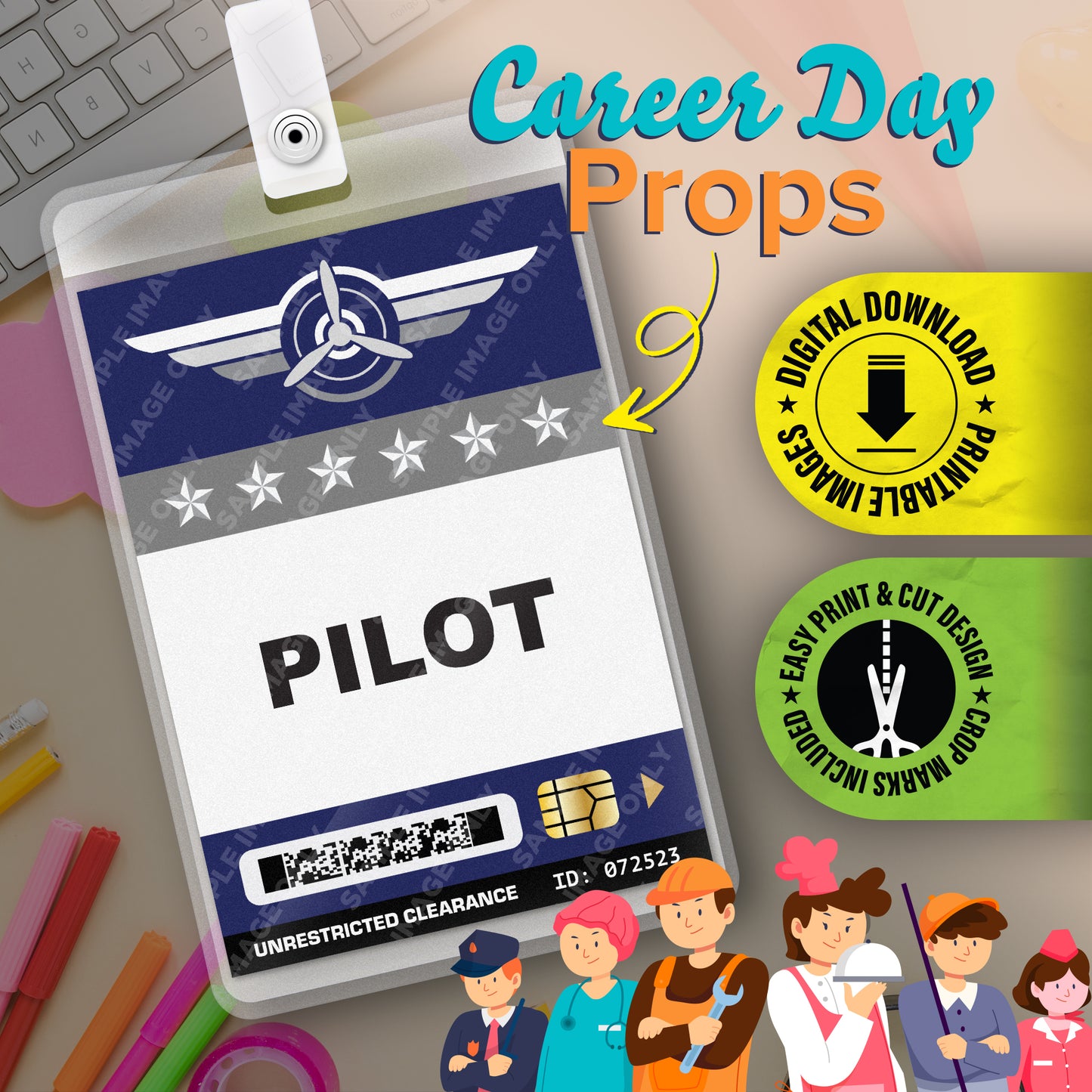 Airline Pilot ID Badge — Printable Career-Day Prop (Instant Digital PDF · 2.375″ × 3.375″)