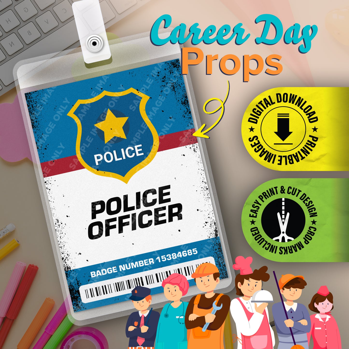 Police Officer ID Badge — Printable Career-Day Prop (Instant Digital PDF · 2.375″ × 3.375″)