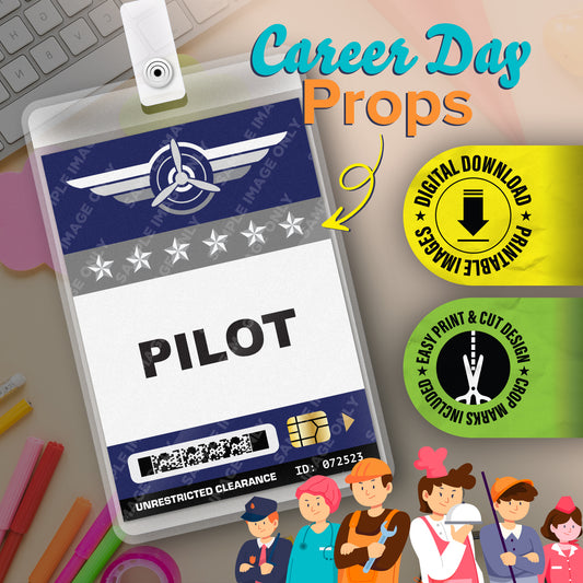 Airline Pilot ID Badge — Printable Career-Day Prop (Instant Digital PDF · 2.375″ × 3.375″)