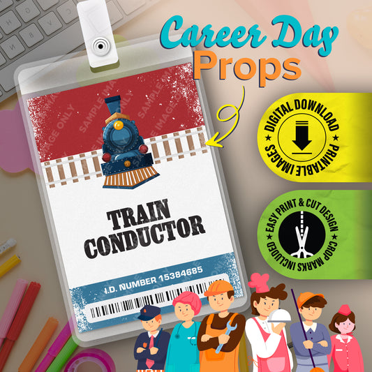 Train Conductor ID Badge — Printable Career-Day Prop (Instant Digital PDF · 2.375″ × 3.375″)